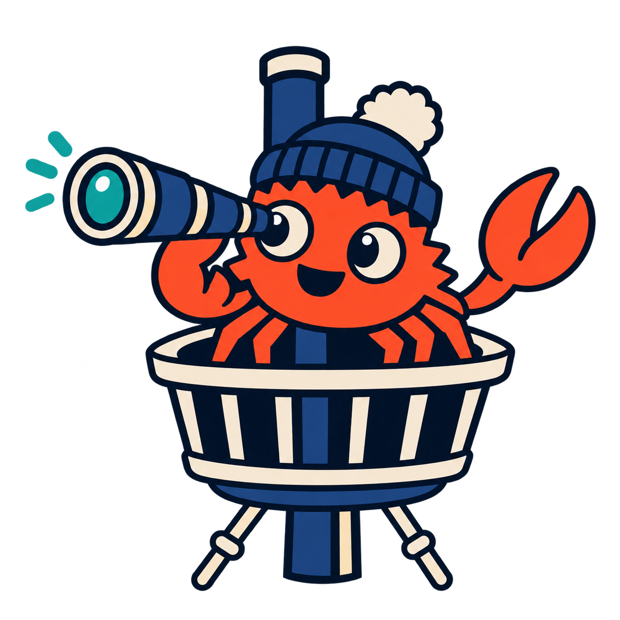 Pince, the crab topman in his crow's nest, spyglass aimed at the horizon